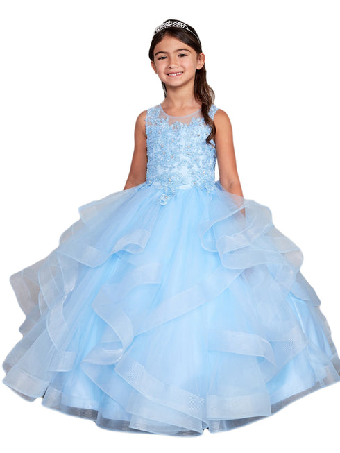 Girls Multi Color Illusion Neckline Lace Applique Trim Pageant Dress 2-12 - SophiasStyle.com
